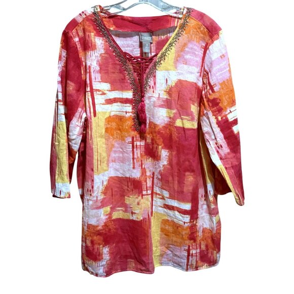Chico’s Crossroads Lace Up Tunic 3 L-XL  Colorblocked Salsa Beaded Neckline Boho - Picture 1 of 10